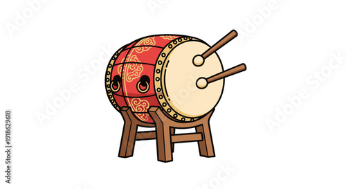 Cute flat vector illustration of a traditional red Asian barrel drum placed on a wooden stand with drumsticks.