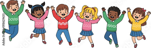 Diverse Group Of Six Happy Cartoon Children Jumping With Joy On White Background kids boys