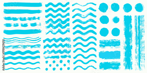 Collection of abstract blue brush strokes and wave patterns