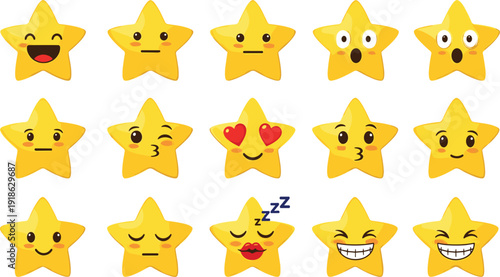 Fifteen Yellow Star Emoticons with Various Expressive Faces Keywords: stars, emoticons, emojis, faces, expressions, emotions
