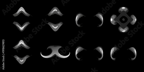 Abstract grayscale shapes resembling stylized arrows and curved forms