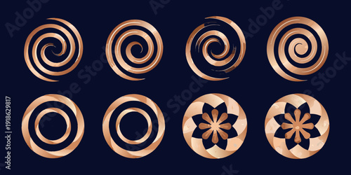 Abstract golden spiral and floral designs arranged in a grid pattern