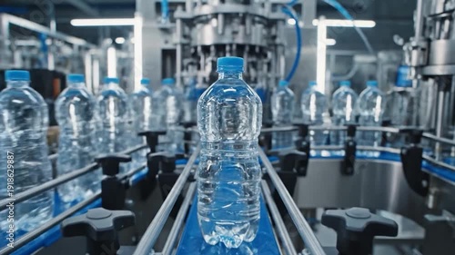 Plastic water bottles moving along a conveyor belt in a modern factory