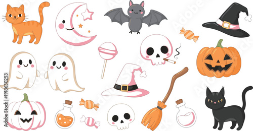 Halloween cartoon icons, cat, moon, bat, skulls, witch hats, pumpkins, ghosts, candies, potions, broomstick, festive spooky vector illustration design