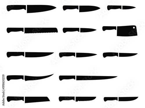 Minimalist knife set featuring various types of kitchen knives for culinary design