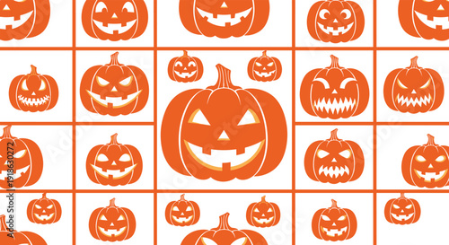 Halloween jack o lantern illustration grid with diverse pumpkin faces, spooky expressions, festive decoration, orange pumpkins, creative carving designs