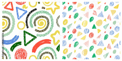 Colorful crayon drawings of shapes and swirls on a white background