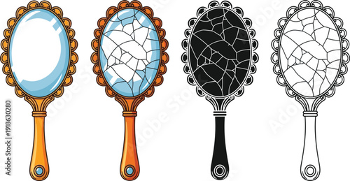 Four Oval Hand Mirrors One Clear One Cracked One Silhouette One Outline Keywords: mirror, hand mirror, oval mirror, cracked