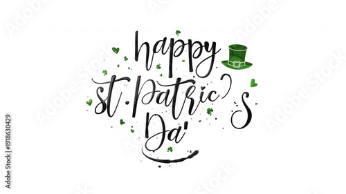 Displays happy st patricks day with a small green top hat. Festive and joyful st. Patricks day designs and celebrations.
