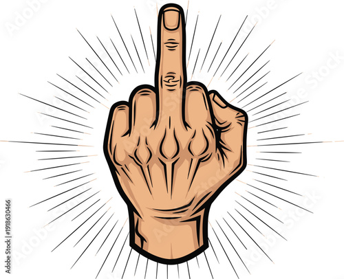 Hand giving the middle finger with radiating lines on white background fuck you offensive