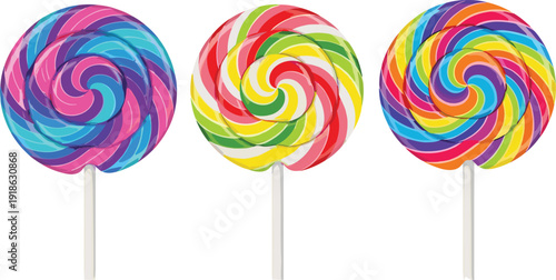 Three Swirled Rainbow Lollipops on White Sticks on a White Background candy sweet