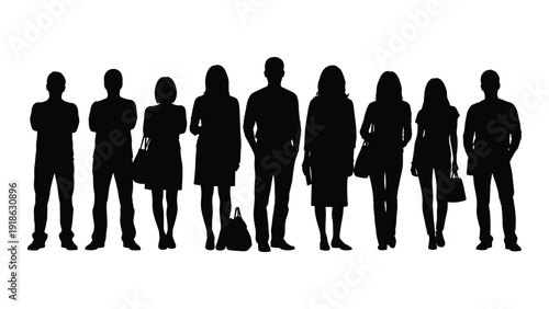 Diverse group of people standing in a line with various poses and attire isolated on white background, Vector
