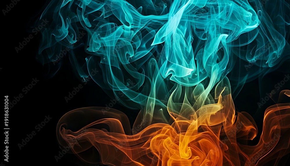 Fototapeta premium Vivid abstract artwork showcasing swirling, ethereal forms in contrasting teal and orange hues against a black backdrop, creating a smoky effect