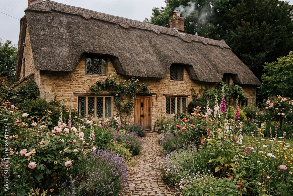 Fototapeta premium Quaint stone cottage with a thatched roof and overgrown garden