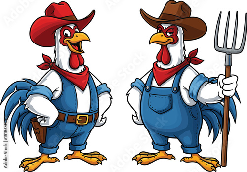Two Cartoon Roosters Dressed as Farmers One Holding a Pitchfork Keywords: roosters, chickens, farmers, farm, agriculture