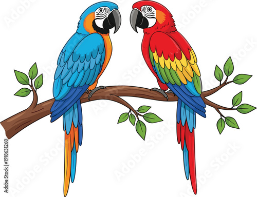 Two colorful macaws perched on a tree branch with green leaves on white background parrots birds