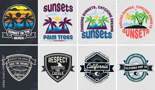 Vintage-style graphic tee illustrations combining nostalgic beach sunsets with bold california surfing badges.