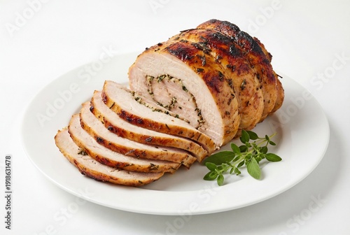 Roasted turkey roll sliced and fanned out on a white plate with fresh sage garnish