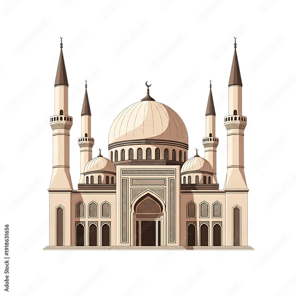 Fototapeta premium Elegant architectural illustration of a grand mosque with intricate dome and minarets