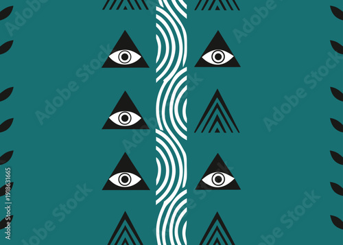 Teal background with esoteric symbols including all-seeing eyes and geometric triangles.
