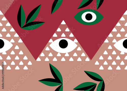 Abstract mystical pattern with eyes triangles and green leaves on a red background