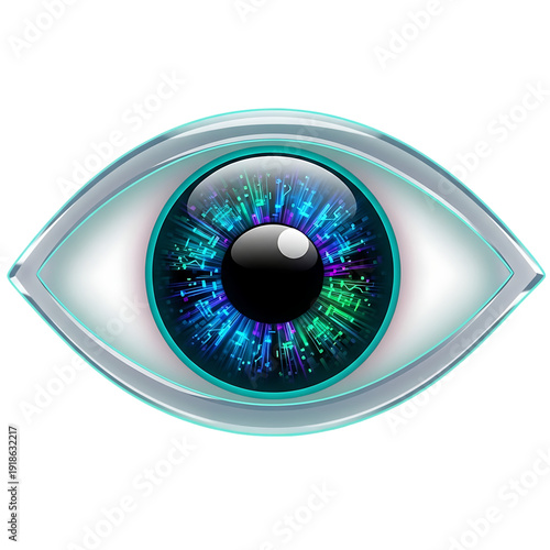 Digital eye with circuitry inside on transparent background