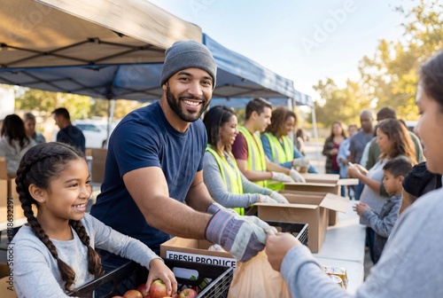 Volunteers distributing fresh produce at an outdoor community food bank