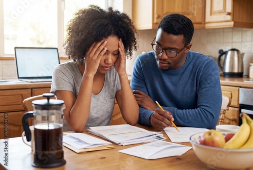 Stressed african american couple reviewing bills and financial documents at kitchen table at home