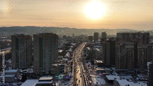 Beautiful winter in Krasnoyarsk. Drone shot