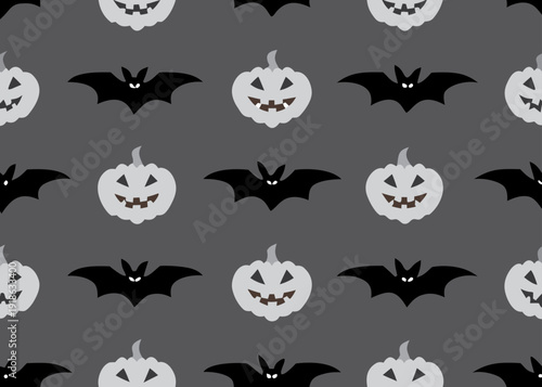 Black bats and white jack-o-lantern pumpkins with glowing eyes and carved smiles are arranged in a repeating pattern on a solid grey background.