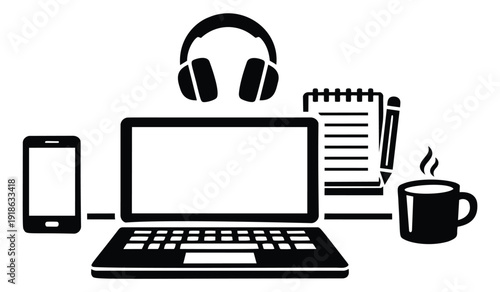 Icon work from home set featuring a laptop, smartphone, headphones, notepad, and coffee for remote productivity