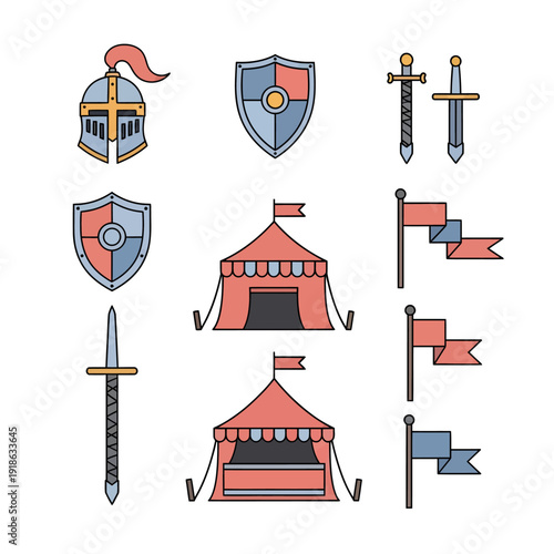 Celebrating Balearic Islands Day with medieval jousting tournament symbols including helmets shields swords tents and flags