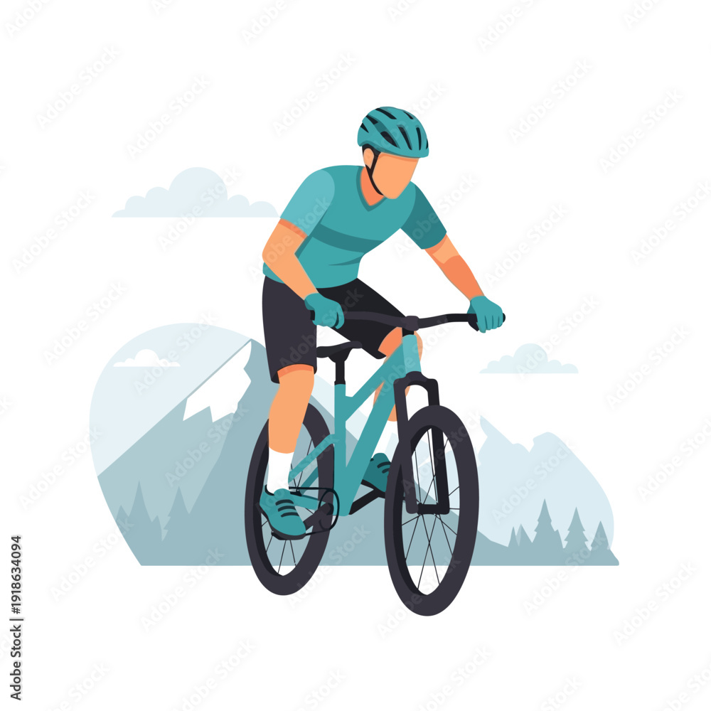 Fototapeta premium Mountain Biker Riding Bicycle Downhill with Mountains and Forest Background