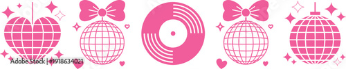 Collection of Pink Retro Disco Balls and Vinyl Record Icons, Monochrome Pink Graphic Set: Y2K Aesthetic Party Illustrations, vector, illustration, silhouette.