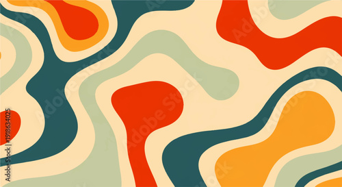 Vibrant retro abstract background featuring undulating fluid organic shapes in a dynamic and groovy color palette, evoking a nostalgic yet modern aesthetic for design projects