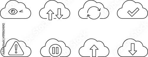 Cloud computing icon set, vector outline illustrations, upload, download, sync, data storage, network services, information technology, web backup symbols, connectivity.