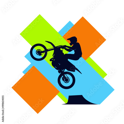 Motocross Rider Silhouette Performing Wheelie on Colorful Geometric Background
