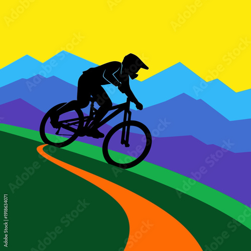 Silhouette of mountain biker riding downhill on a trail, colorful mountains background