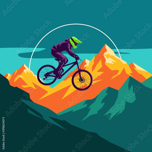 Mountain biker jumping over rocky peaks with vibrant sunset sky