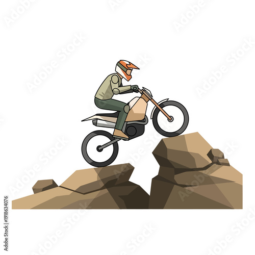 Motorcyclist riding off-road bike over rocks, extreme sport, action illustration