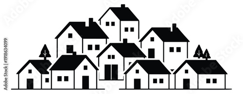 Line art town set featuring a cluster of residential buildings and trees for neighborhood concepts