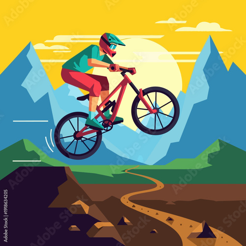 Mountain Biker Jumps Cliff Edge at Sunset, Extreme Sports Adventure
