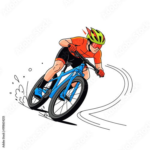 Mountain biker racing downhill, dynamic action shot, healthy lifestyle