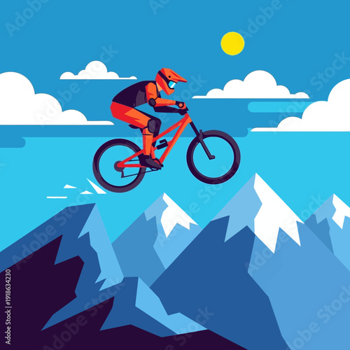 Mountain biker jumping over snowy peaks, extreme sports, downhill cycling, adventure.