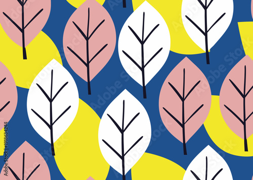 Seamless pattern of stylized leaves in pink, white, and yellow on a deep blue background
