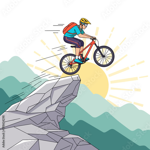 Mountain biker jumping off cliff at sunrise with sun rays and green mountains