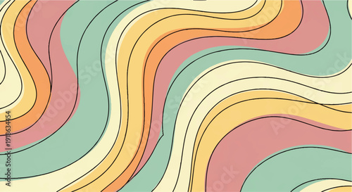 Abstract flowing organic wavy lines in pastel color palette creating a retro groovy aesthetic seamless pattern background