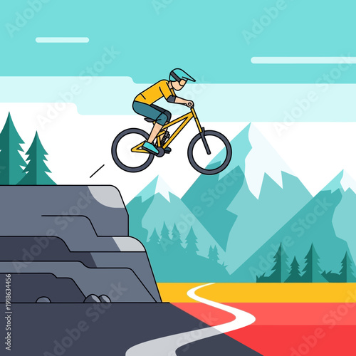 Mountain Biker Jumps Off Cliff Edge, Extreme Sports and Adventure Illustration