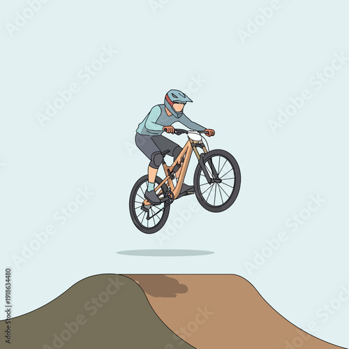 Mountain biker jumps over dirt ramp, extreme sports, downhill cycling, action, illustration