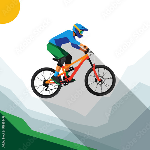 Mountain Biker Jumping Extreme Downhill Sport, Flat Design